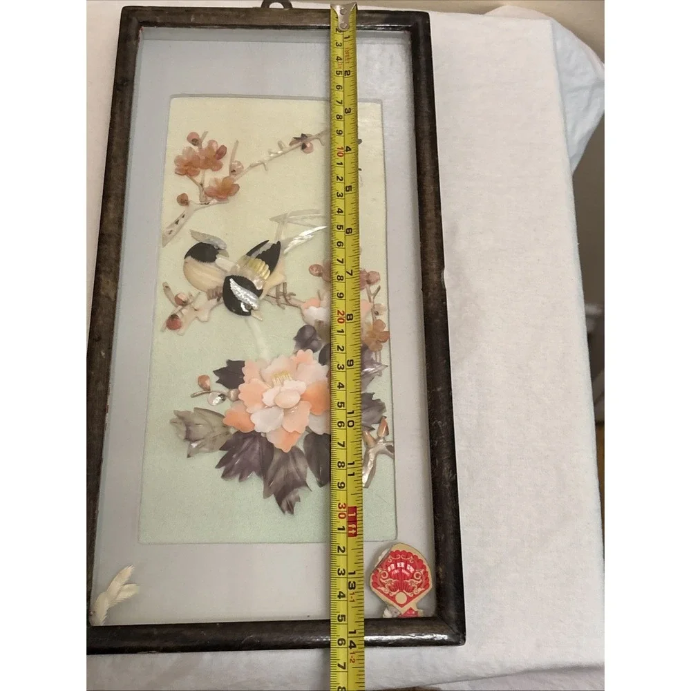 Vintage Chinese Shell Art Birds Flowers Diorama Shadow Box Pearl Brand